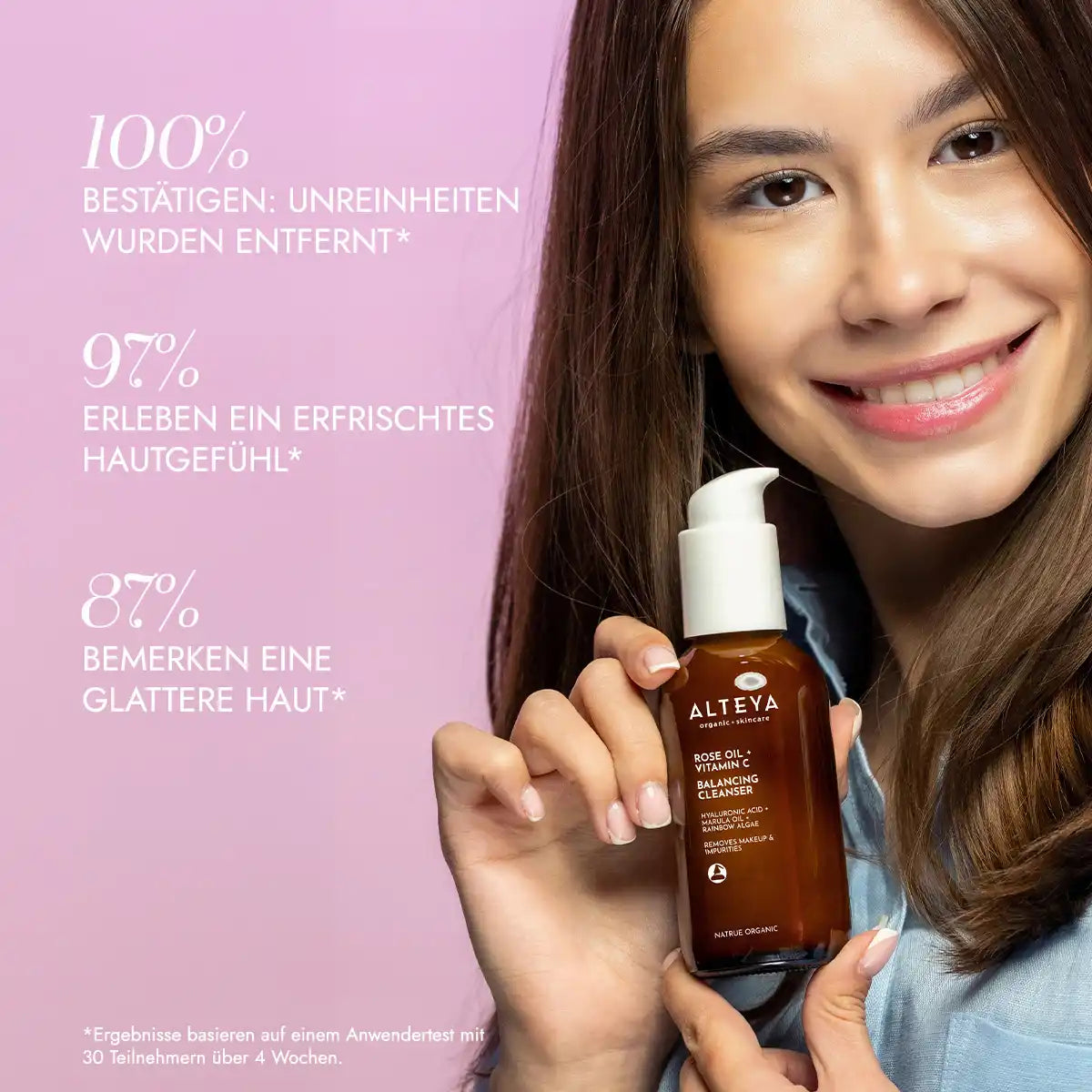 Verbraucherstudie luminous rose, rosenöl + vitamin c balancierender gesichtsreiniger