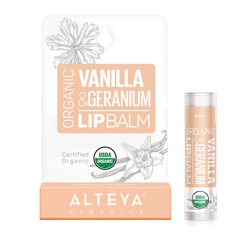 Alteyas Bio- Lippenbalsam Vanille & Geranie bindet dauerhaft Feuchtigkeit und verbessert die Elastizität und die Geschmeidigkeit der Lippen. Bei regelmäßiger Anwendung werden Falten und Linien gemildert und zugleich schädliche Auswirkungen der Außenwelt reduziert. Lässt die Lippen voller, jünger und definierter aussehen.