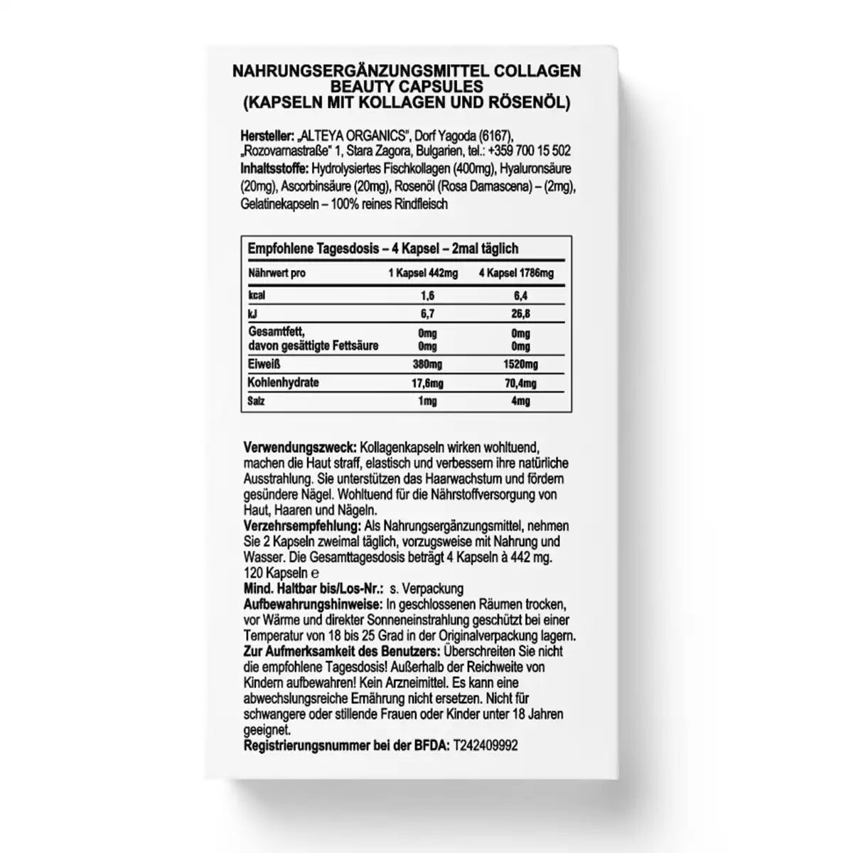 collagen beauty capsules mit kollagen und rosenöl – inhaltsstoffe und nährwerte alteya organics