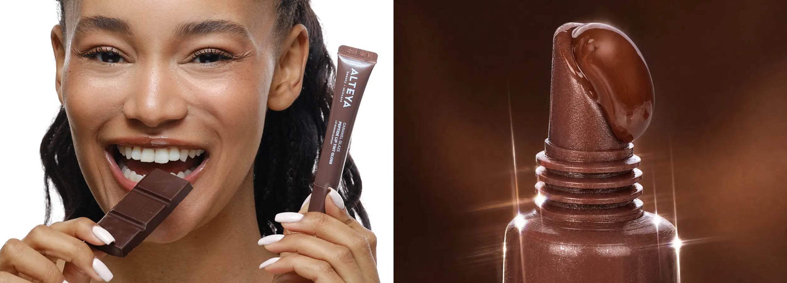 Model mit Schokoriegel und Lipgloss Caramel Glaze
