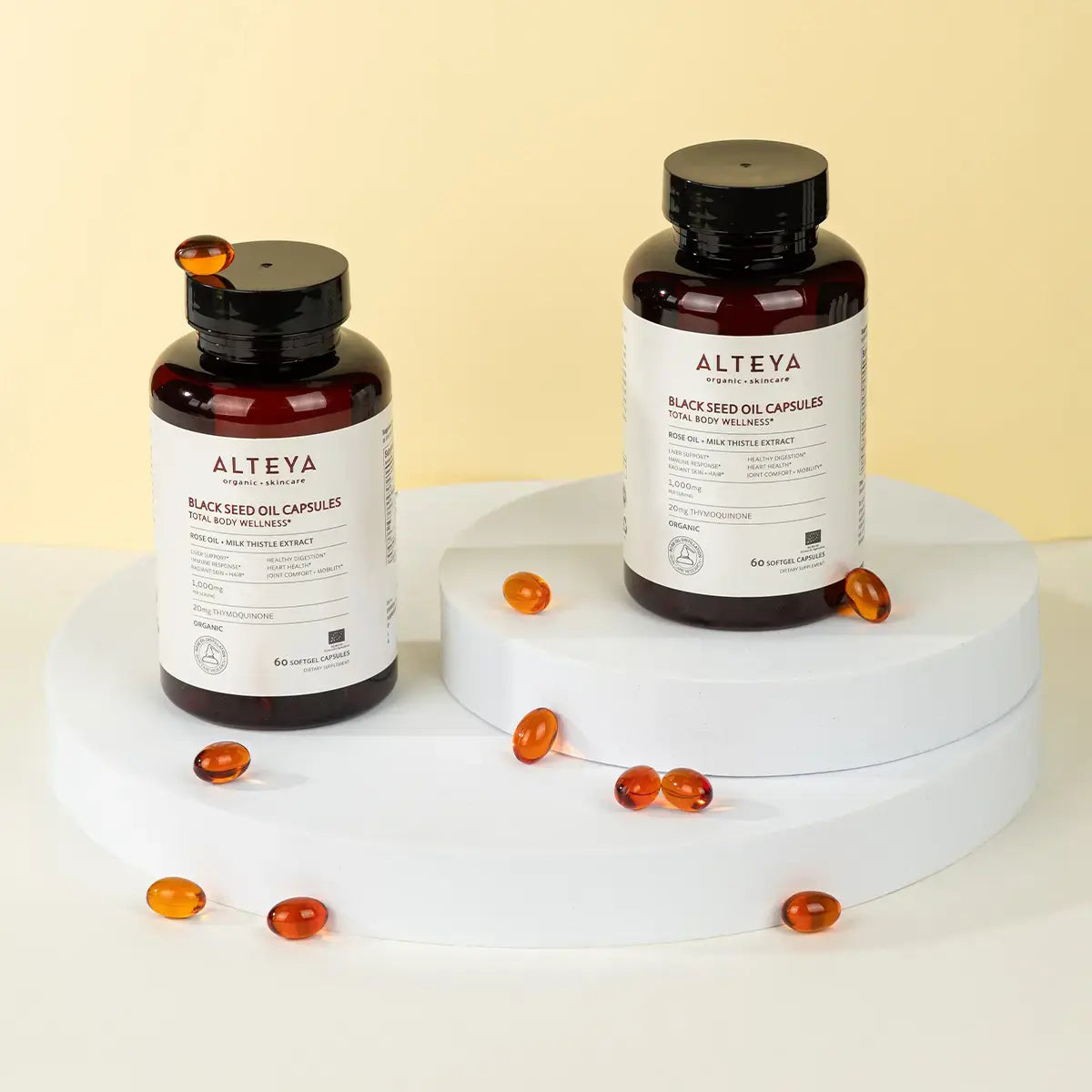 Schwarzkümmelöl kapseln nahrungsergänzungsmittel mit rosenöl mariendistel-extrakt