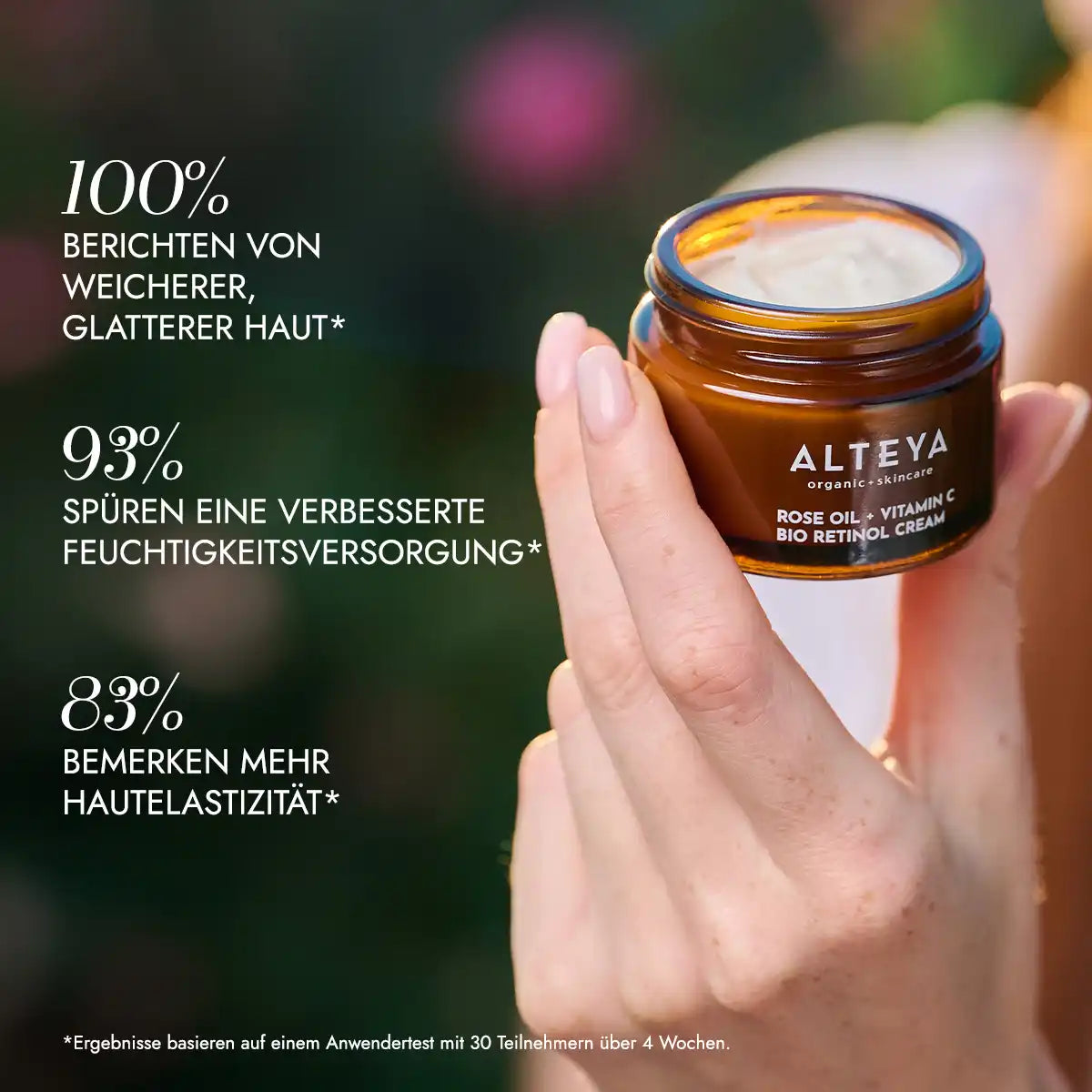 Verbraucherstudie bio gesichtscreme mit rosenöl, bakuchiol & vitamin c luminous rose