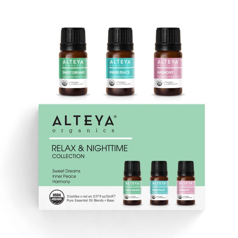 Die Relax &amp; Nighttime Collection von Alteya vereint drei wunderschöne beruhigende Aromen, um entspannende Momente zu fördern.  Die Sweet Dreams-Mischung hat ein beruhigendes Blumenaroma und enthält ätherische Öle aus Lavendel, Ylang-Ylang und Bergamotte. Inner Peace ist eine kraftvolle, entspannende und aufladende Mischung und enthält ätherische Öle aus Lavendel, Grapefruit, Bergamotte, Pfefferminze und May Chang.