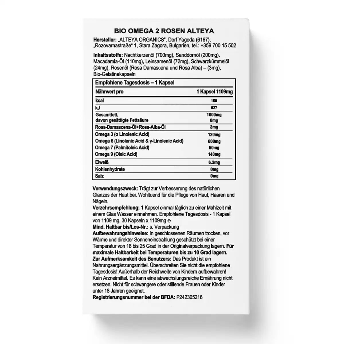 bio omega 2 rosen nahrungsergänzung mit omega 3, 6, 7, 9 und rosenöl